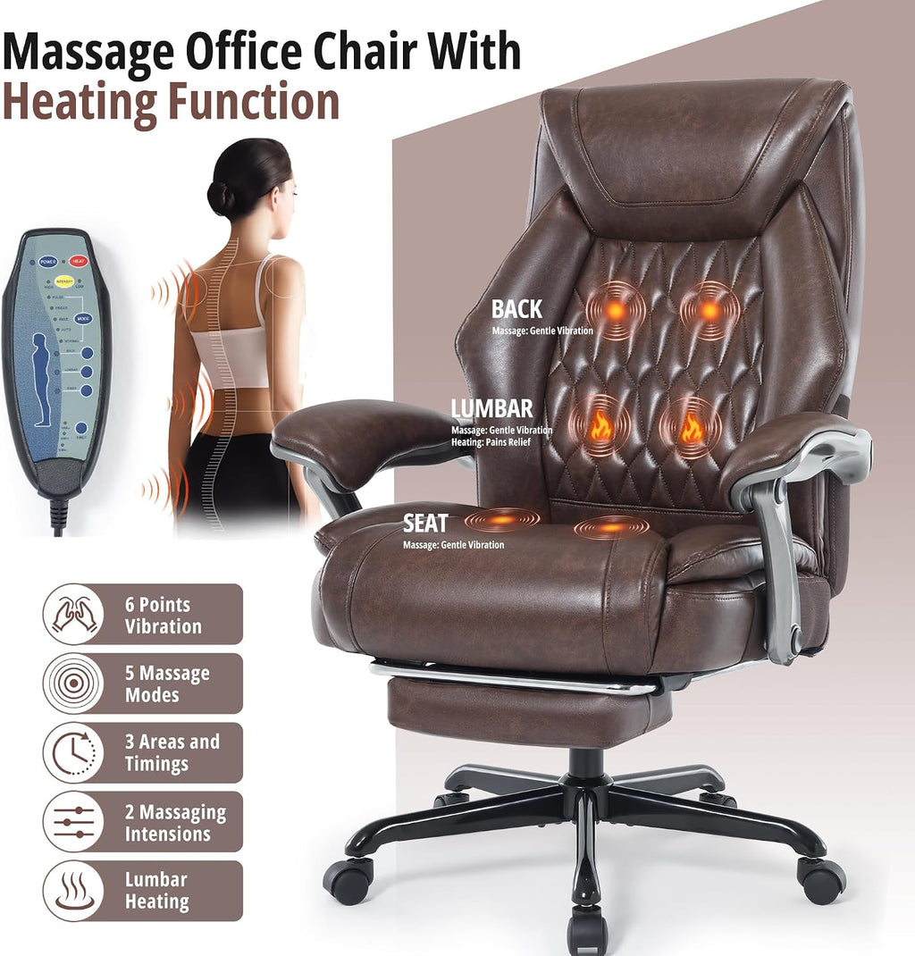 Massage Office Chair with Heat & Footrest, Ergonomic Reclining Executive Desk Chairs with 6-Point Vibration, PU Leather Computer Chair for Home Office or Gaming