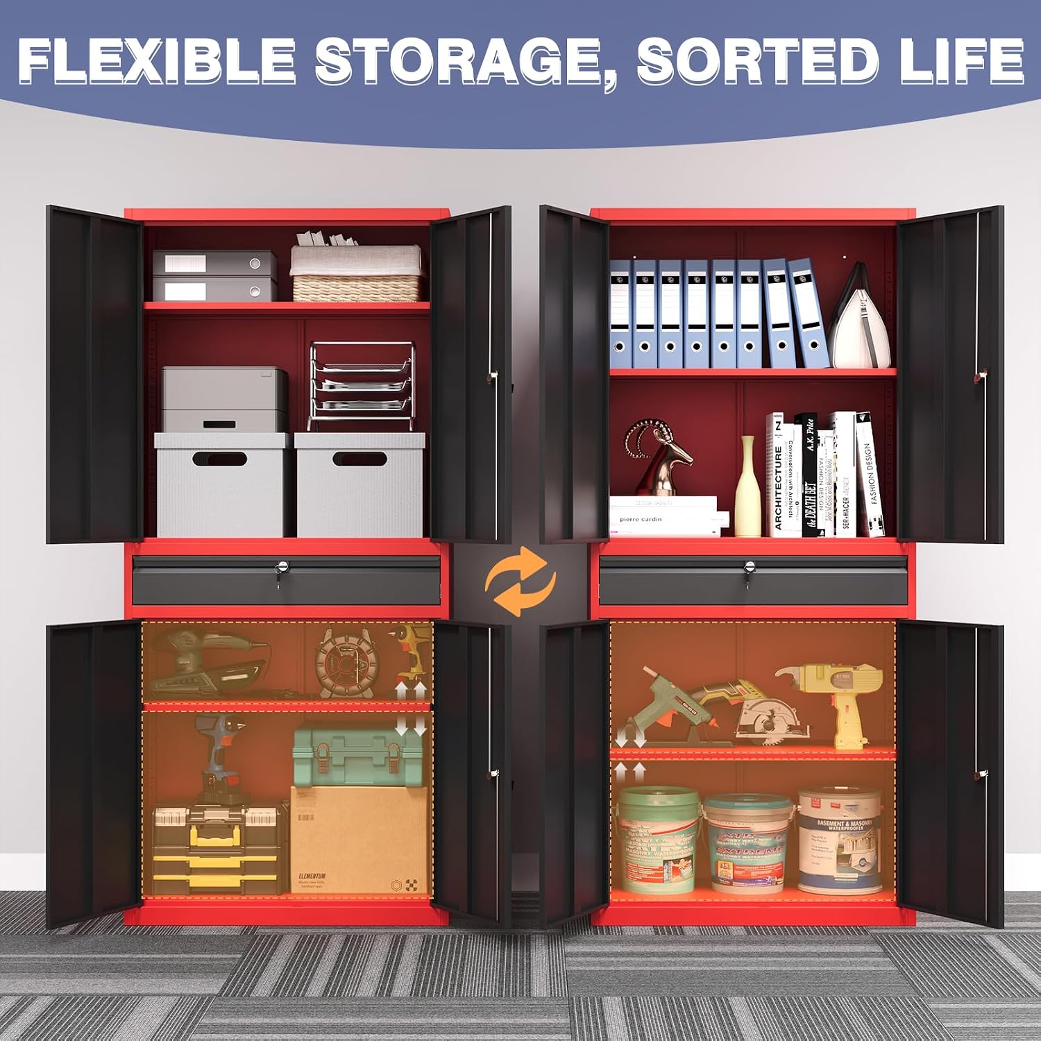 Metal Garage Storage Cabinet with Locking Doors and Drawer, 71' Steel Tool Storage Cabinet with Adjustable Shelves for Garage,Office,Warehouse (Red Black)
