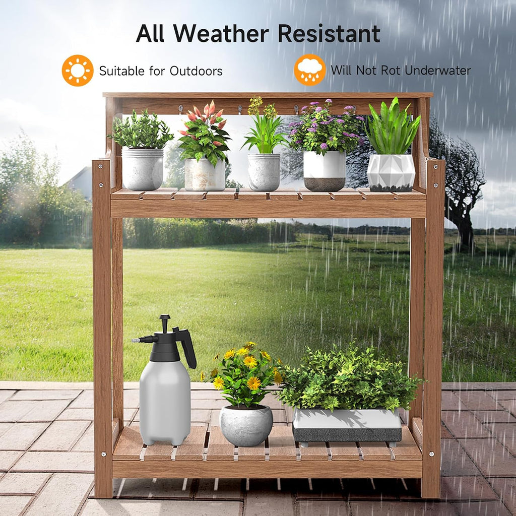 ONBRILL HDPS Potting Bench, All Weather Potting Table with 8 Hooks and Highten Tabletop, Easy Assembly Garden Work Bench, Outdoor Potting Benches for Outside Patio Lawn, 360LBS Capacity, Teak