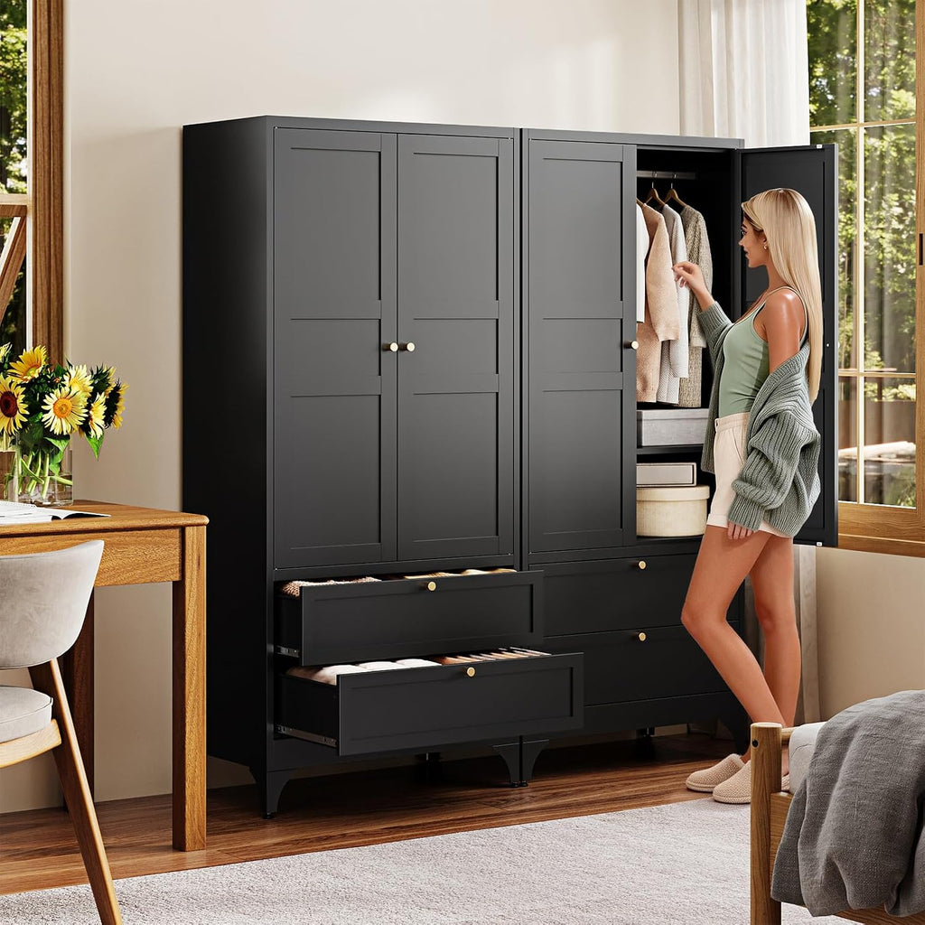 Letaya 71' Metal Wardrobe Cabinets with 2 Drawers,Steel Armoire Wardrobe Closet with Doors and Shelves,Clothing Storage Cabinets with Hanging Rod for Bedroom, Gym, Cloak Room,Black