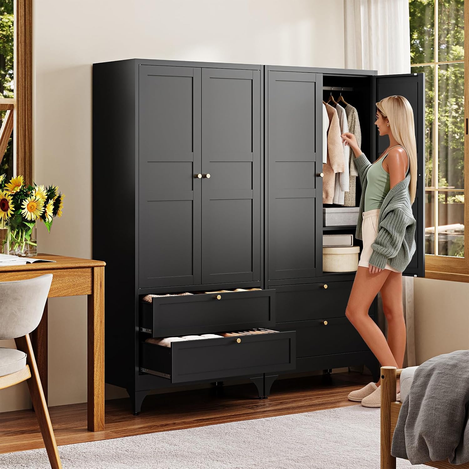 Letaya 71' Metal Wardrobe Cabinets with 2 Drawers,Steel Armoire Wardrobe Closet with Doors and Shelves,Clothing Storage Cabinets with Hanging Rod for Bedroom, Gym, Cloak Room,Black