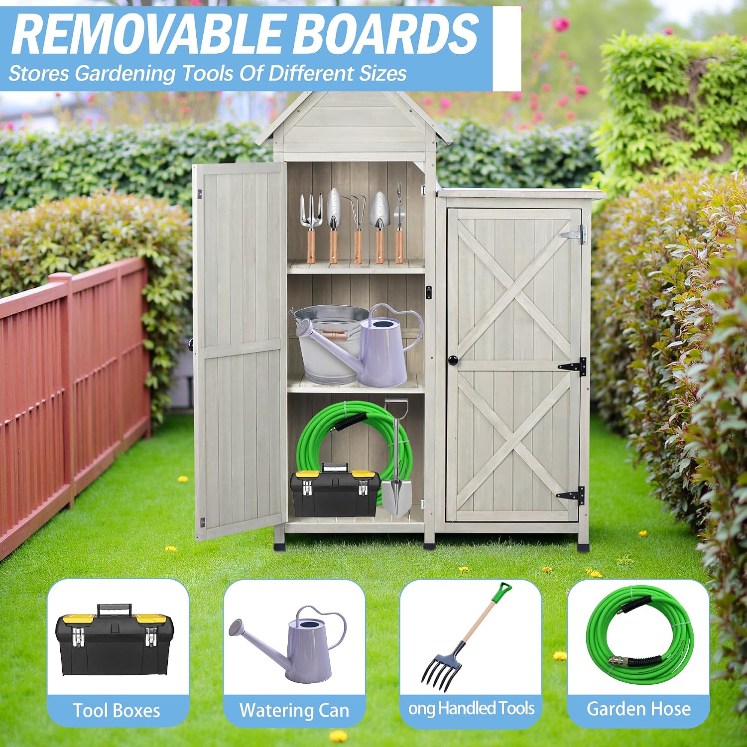 Outdoor Storage Cabinet|Waterproof Metal Roof & Wooden Vertical Design, Tall Garden Tool Shed with Multiple Shelves for Patio, Backyard, Lawn, Yard,Outdoor Storage shed