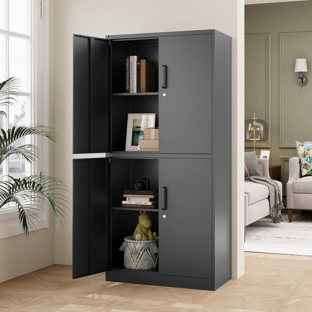 STANI Metal Storage Cabinet, Locking Steel Cabinet with 4 Doors and 2 Adjustable Shelves, 71' Tall Steel Cabinet for Home Office, Garage, School (Black)