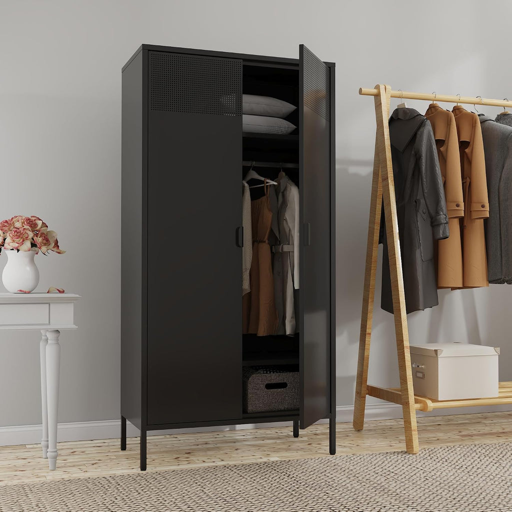 Washsemba Metal Storage Cabinets Locker with Hanging Rod and Adjustable Shelves, 71'' Clothing Steel Storage Wardrobe for Home & Office, School, Employee,Gym(Black, 71''H-Wardrobe)