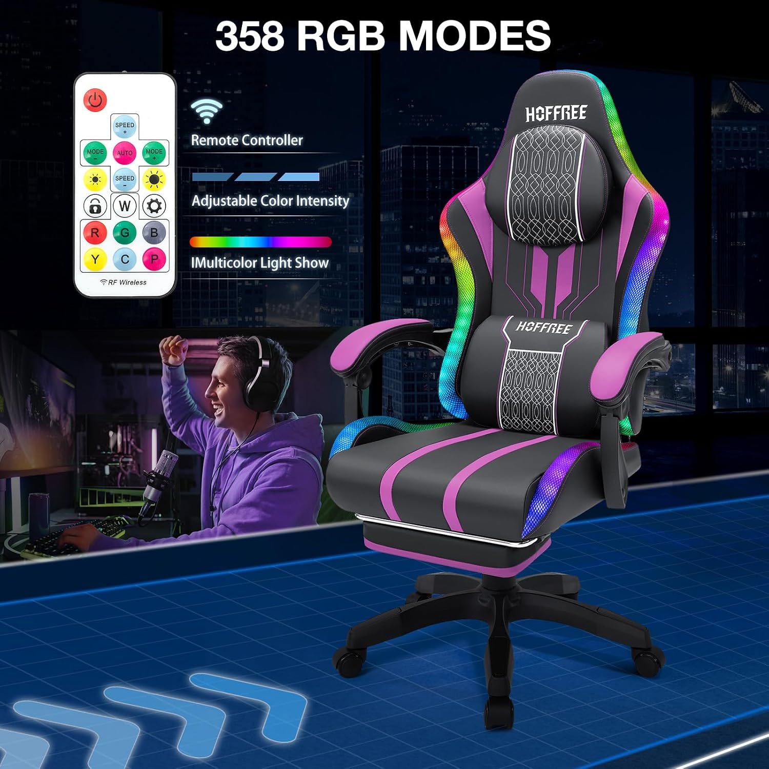 HOFFREE LED Gaming Chair with Speakers and Massage Video Game Chair Big and Tall with Footrest Gamer Chair for 400lbs Computer Desk Chair Purple and Black