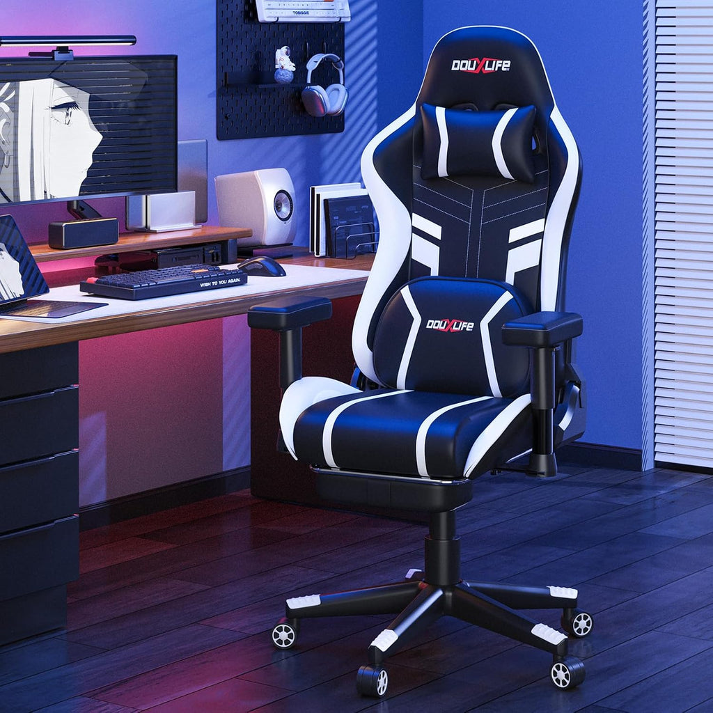 Douxlife 3D Kneading Massage Gaming Chair with Footrest, 400lbs Heavy Duty PC Computer Desk Chair for Adults, Adjustable 2D Armrests, Ergonomic 175° Recline & Optional Heat, Black&White