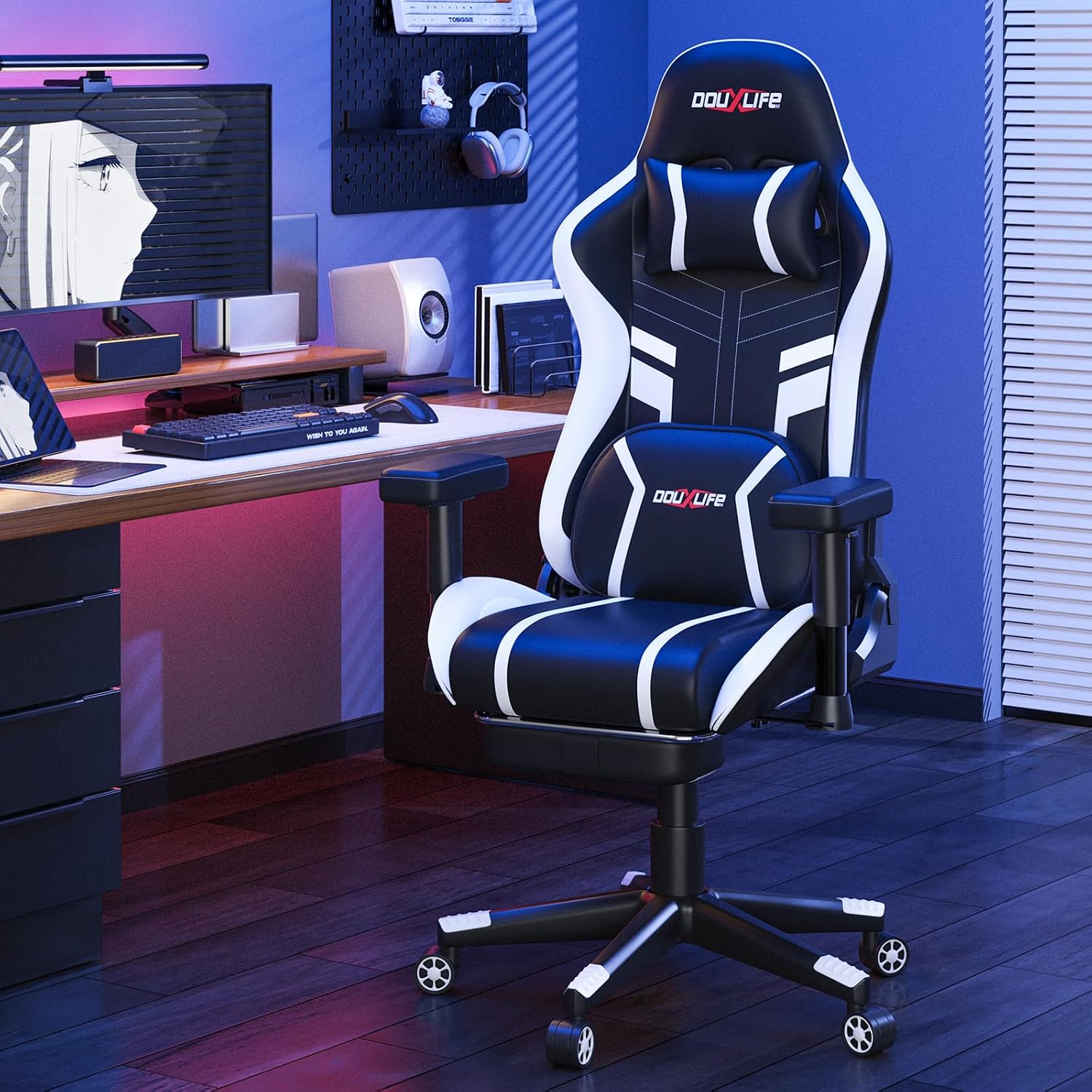 Douxlife 3D Kneading Massage Gaming Chair with Footrest, 400lbs Heavy Duty PC Computer Desk Chair for Adults, Adjustable 2D Armrests, Ergonomic 175° Recline & Optional Heat, Black&White