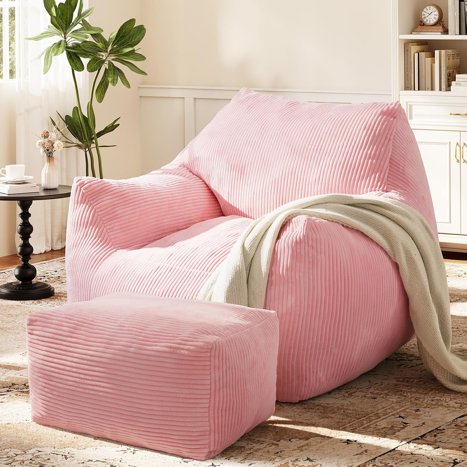 Big Bean Bag Chair for Adults, Ultra Soft Living Room Bean Bag with Armrests & Ottoman, Stuffed BeanBag Chair for Napping, Gaming, Vacuum-Compressed for Easy Gifting, 48h to Expand, Pink