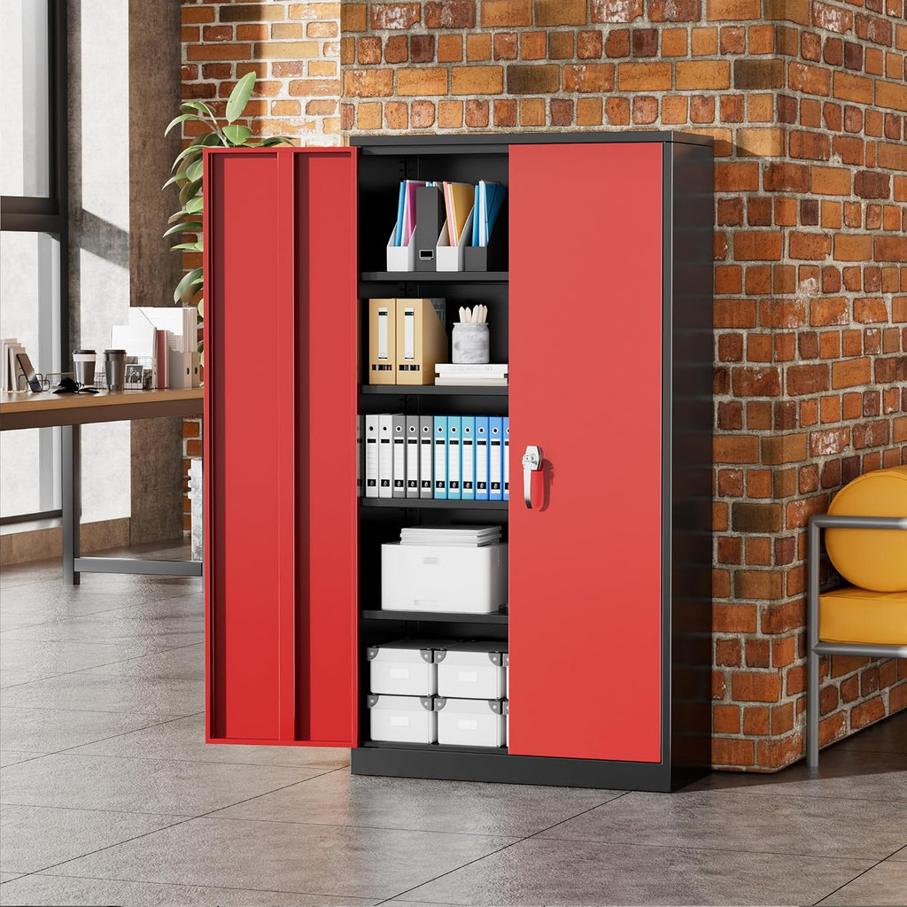 Greenvelly Metal Garage Storage Cabinet, 72' Black Red Tool Steel Locking Cabinet with Doors and 4 Shelves, Tall Cabinets for Garage Storage Systems Lockable File Cabinet for Home Office,Garage