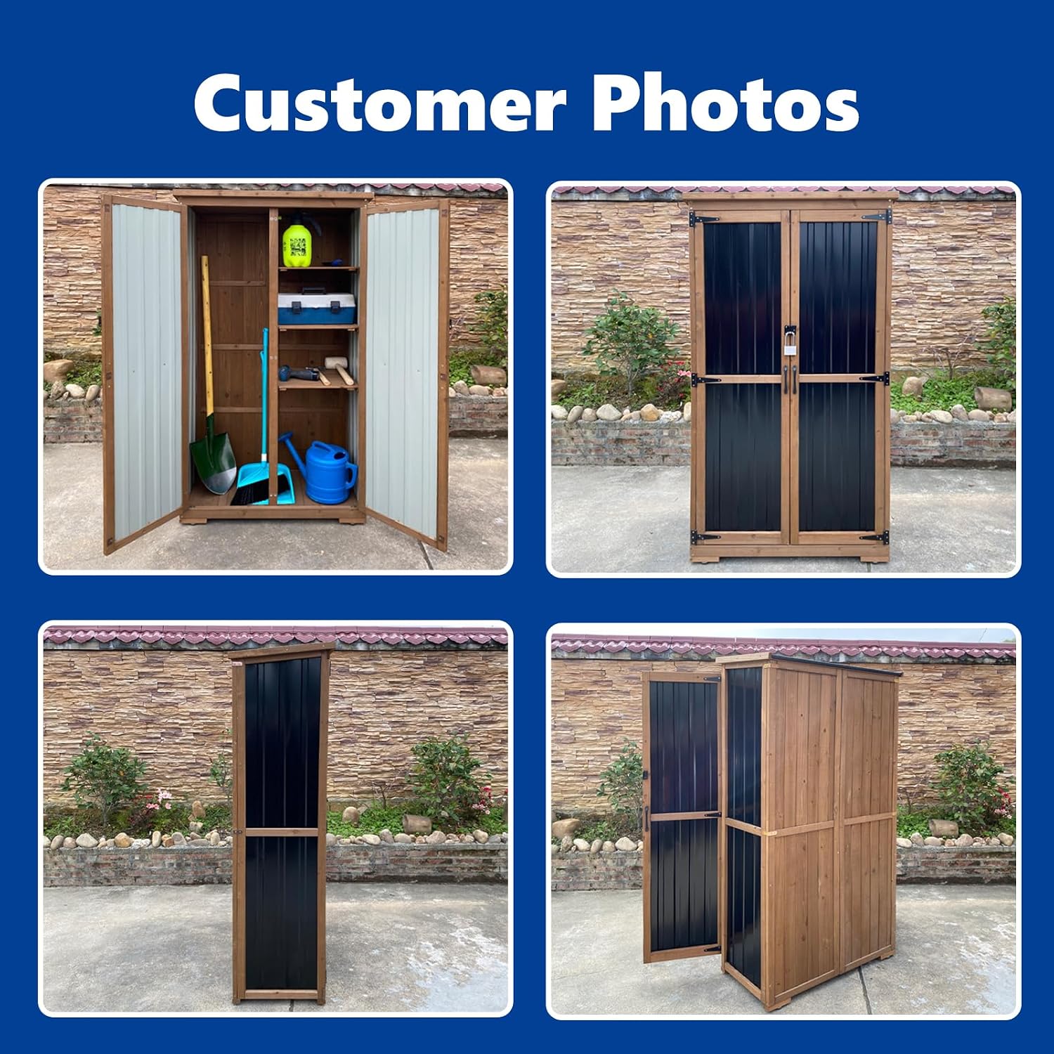 Outdoor Storage Cabinet Wood & Metal with Waterproof Roof, Garden Tool Shed with 3 Removable Shelves, 4 adjustable reinforced feet with metal brackets, 6 T-Hinge, magnetic door,15.6'D x 32.3'W x 66'H