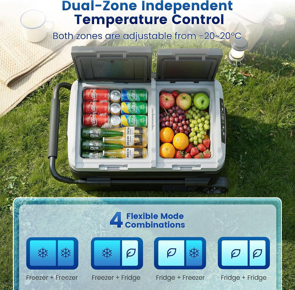 HCALORY 12 Volt Car Refrigerator 53QT/ 50L Car Fridge, Dual Zone Electric Cooler for Vehicles with Wheels and Handle -4℉~68℉, 12/24V DC 100-240V AC Portable Freezer for Camping, Travel, Truck, Home