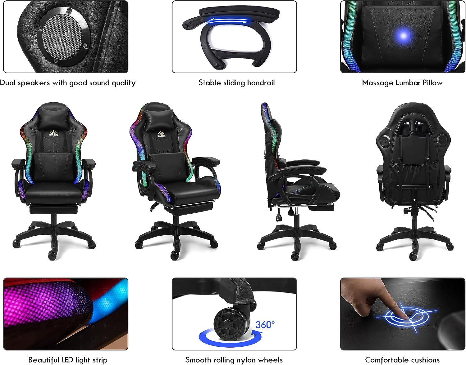 RGB Gaming Chair with Massage, Footrest and Dual Speakers, Racing Computer Chair with Lumbar Support and Headrest, for Adults, Teens and Kids, Enhance Gaming Experience!