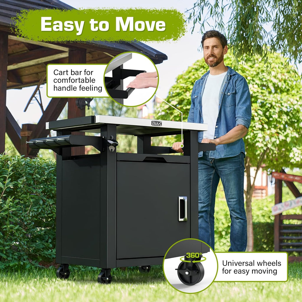 NUUK Grill Table with Storage Cabinet, Outdoor Bar Cart Pizza Oven Table with Wheels, Stainless Steel Top Kitchen Island 20' x 30' Rolling Prep Station for Indoor, BBQ, Deck, Backyard