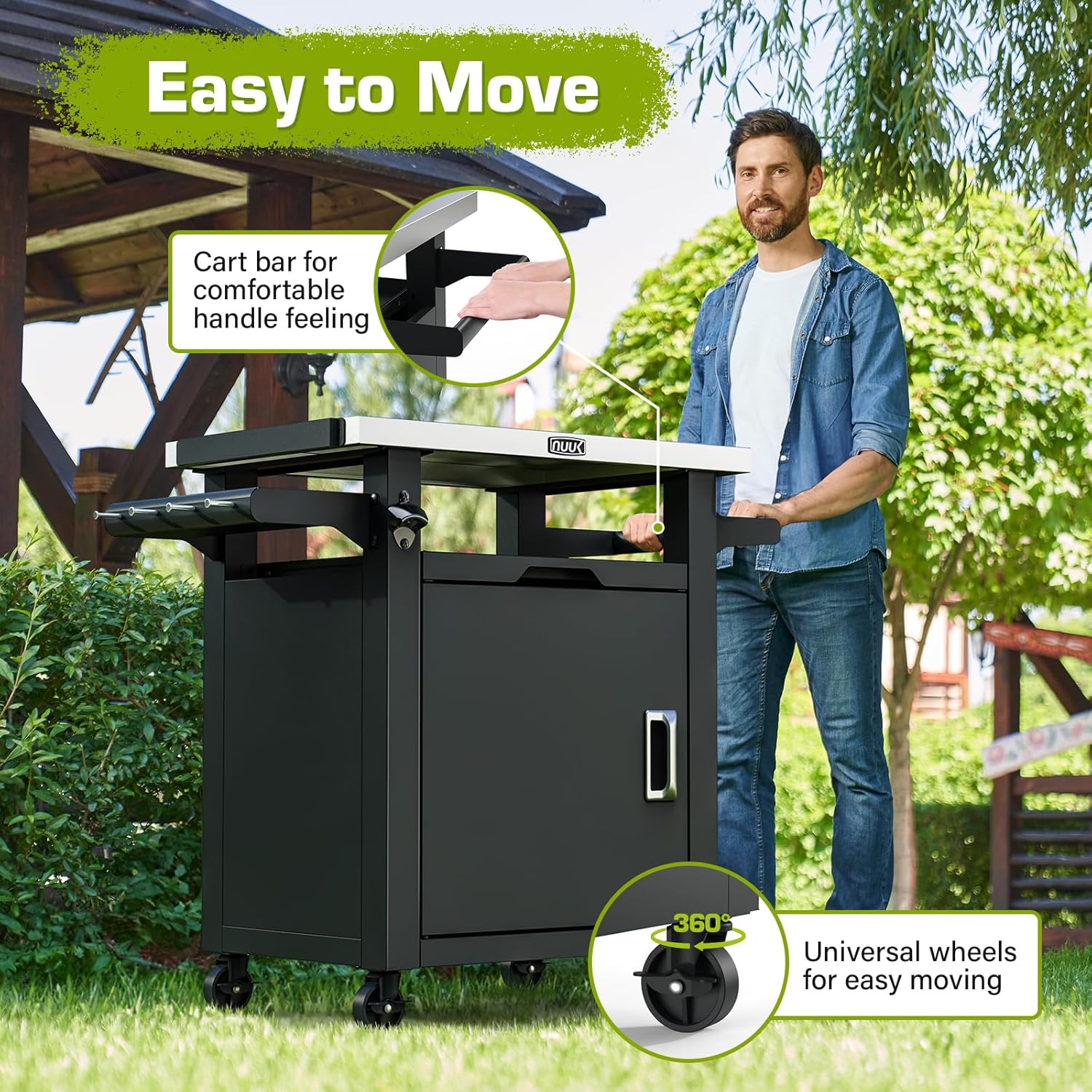NUUK Grill Table with Storage Cabinet, Outdoor Bar Cart Pizza Oven Table with Wheels, Stainless Steel Top Kitchen Island 20' x 30' Rolling Prep Station for Indoor, BBQ, Deck, Backyard