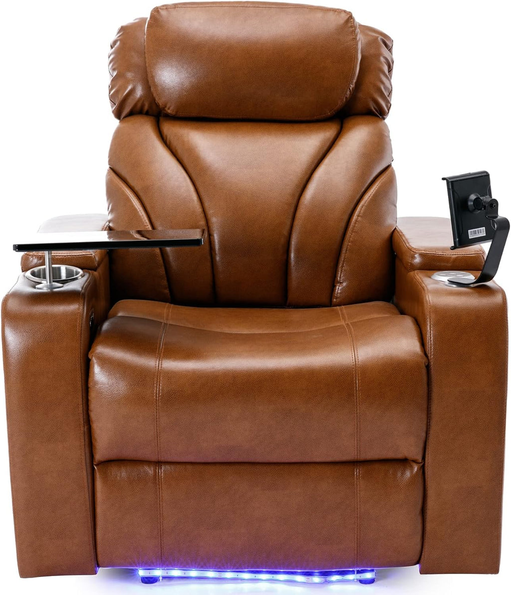 Merax Power Motion Recliner with USB Charging Port and Hidden Arm Storage, Home Theater Seating with Convenient Cup Holder Design,and Stereo(Light Brown)