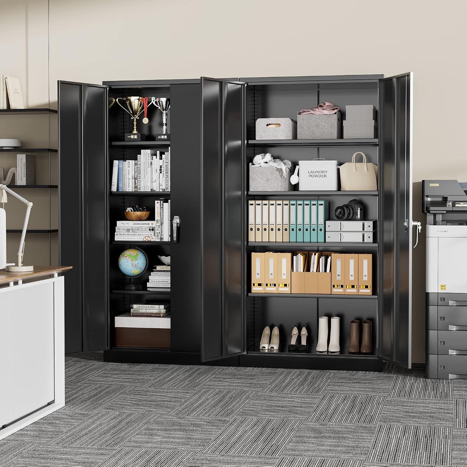 Greenvelly Steel SnapIt Storage Cabinet, 72' Locking Metal Garage Storage Cabinet with 4 Adjustable Shelves, 2 Doors and Lock for File, Office, Garage, Home (Black)