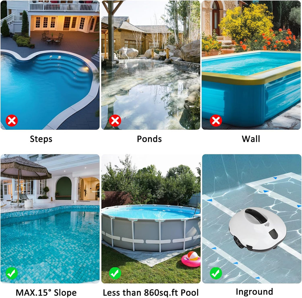 130 Mins Runtime Cordless Robotic Pool Cleaner Portable Lightweight Automatic Vacuum Self-Parking 5200mAH Fast Charging Powerful for Above-Ground Swimming Pool up to 861Sq.ft (White)