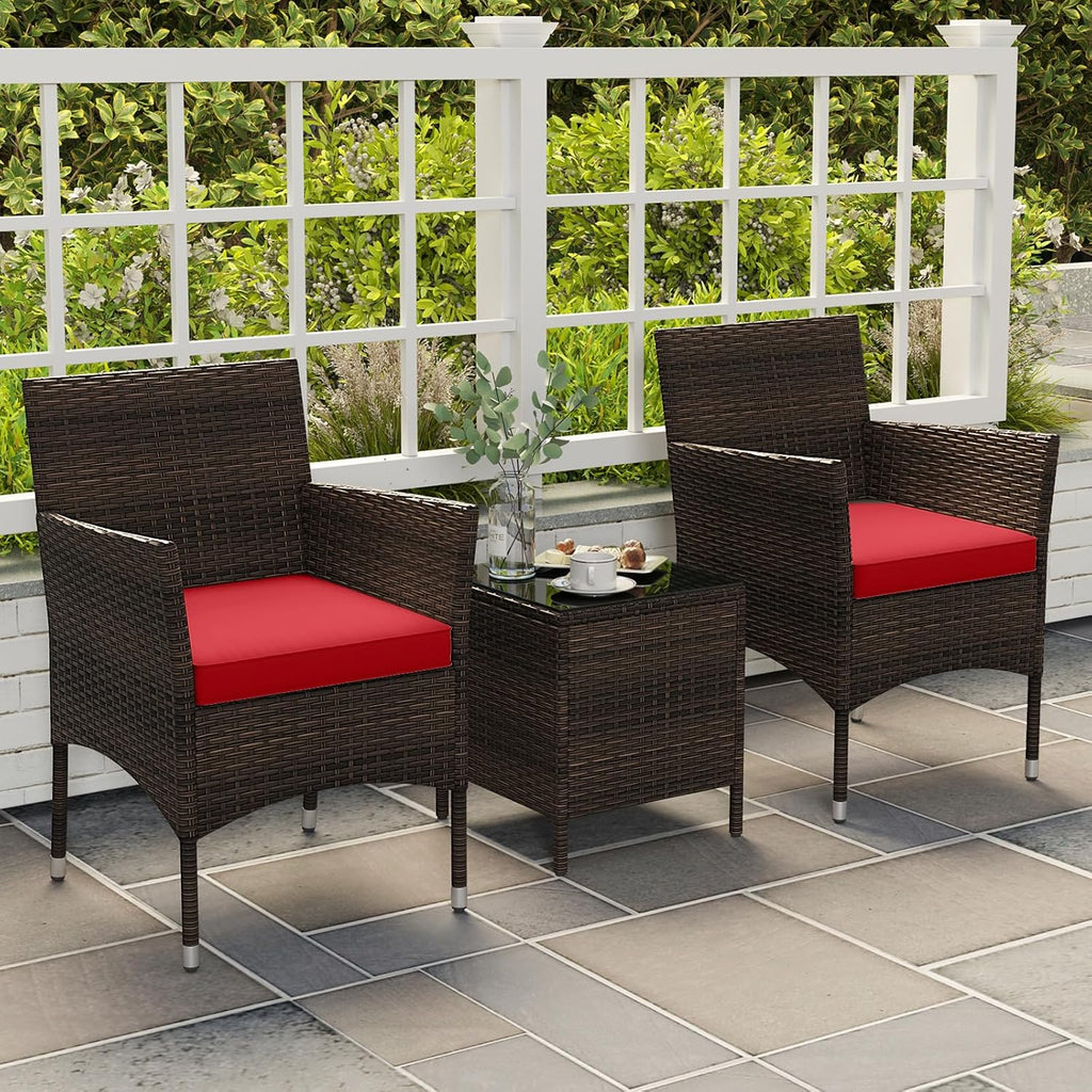 HAPPYGRILL 3PCS Patio Furniture Set Wicker Bistro Set with Glass Coffee Table & Cushions Outdoor Rattan Conversation Set for Garden Lawn Poolside Backyard