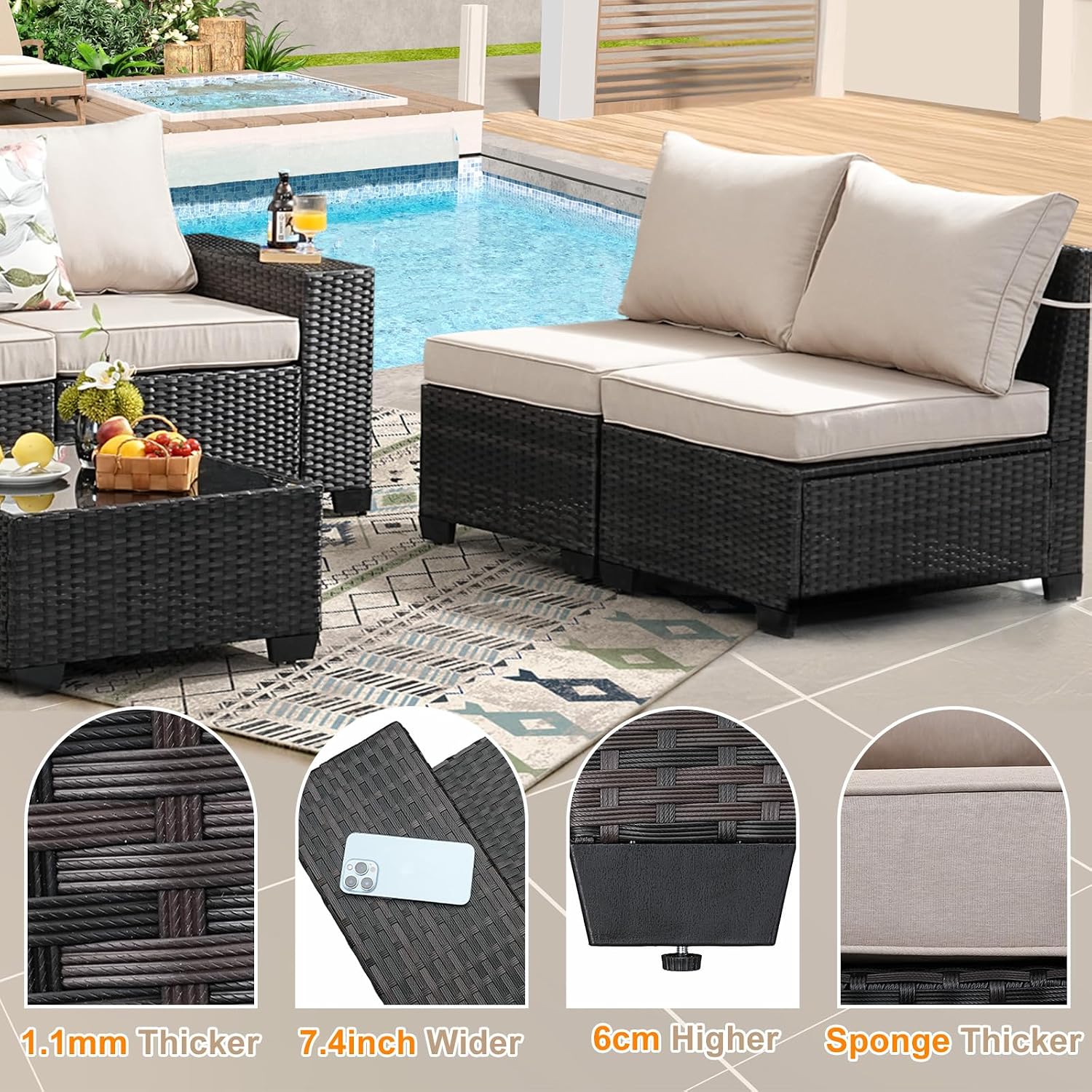 7-Piece Outdoor Patio Furniture Set, Modular Wicker Sectional Sofa with Thick Cushions & Coffee Table, All-Weather Rattan Conversation Set for Backyard, Porch, Poolside, Beige