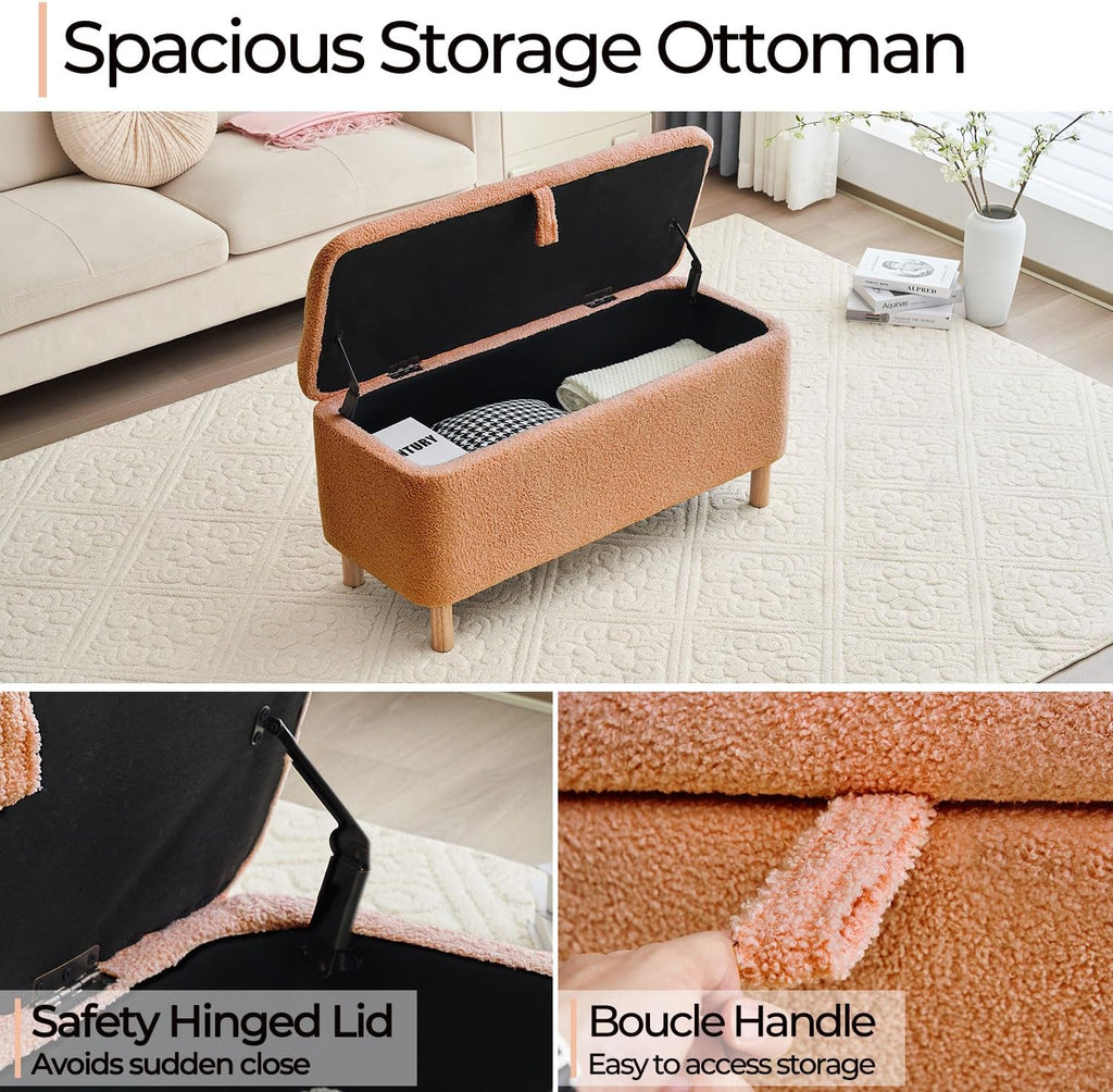 Storage Ottoman Bench for Bedroom End of Bed, Boucle Upholstered Padded Storage Bench for Entryway Bed Foot Entryway, Sherpa Rectangle Cushion Shoe Seat Blanket Chest Cute for Living Room, Orange