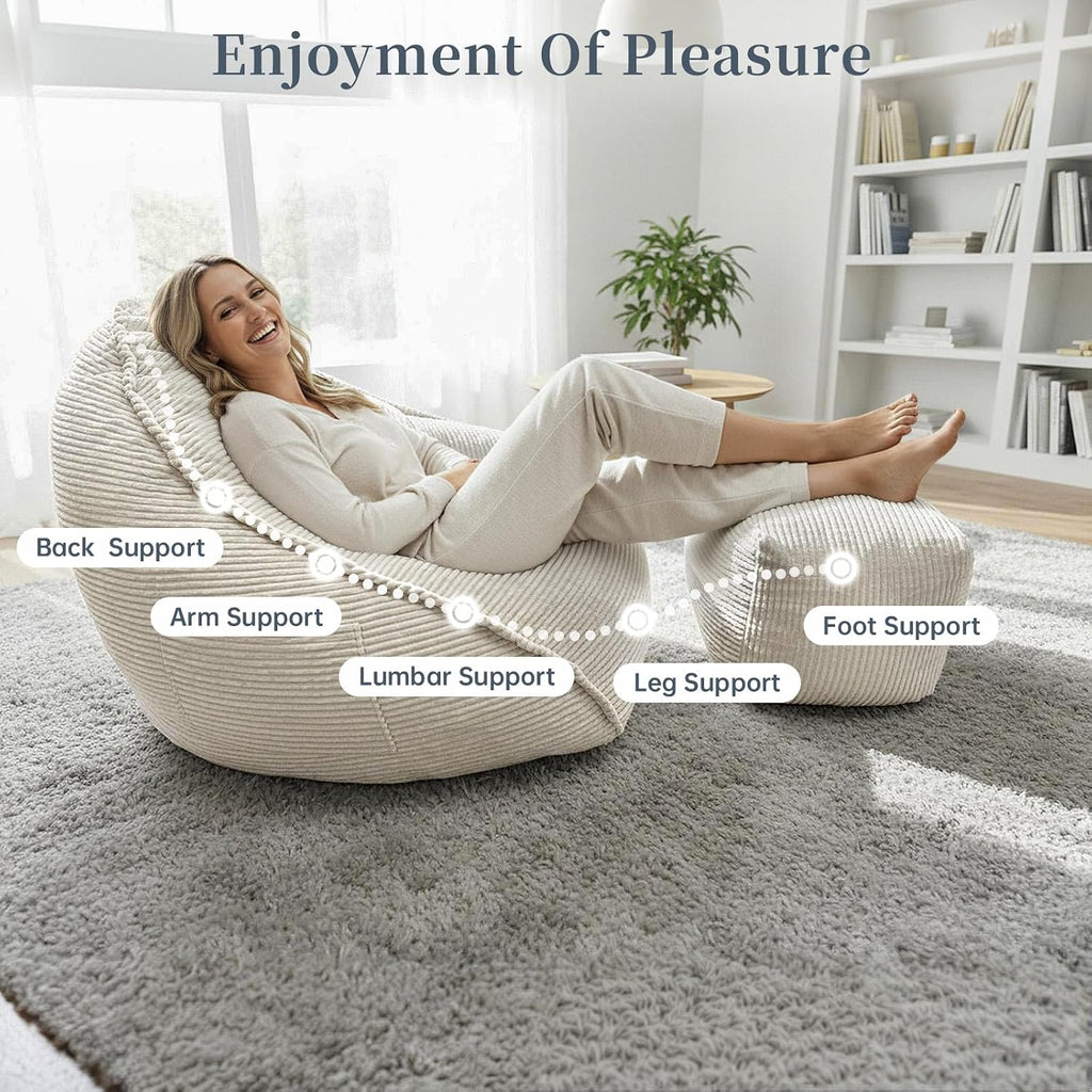 Ultra Soft Bean Bag Chair for Adults with Ottoman, Oversized Floor Sofa for Living Room, Gaming, Lounging, Napping (Off-White)