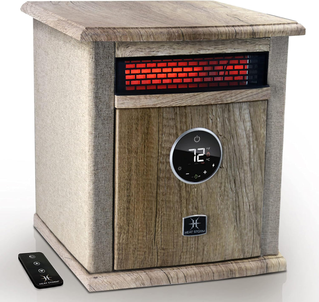 Heat Storm Portable Electric Space Heater, 1500-Watt Cabinet Infrared Quartz Element Heater With Digital Thermostat, Remote Control, washable Filter Modern Design (Beige)
