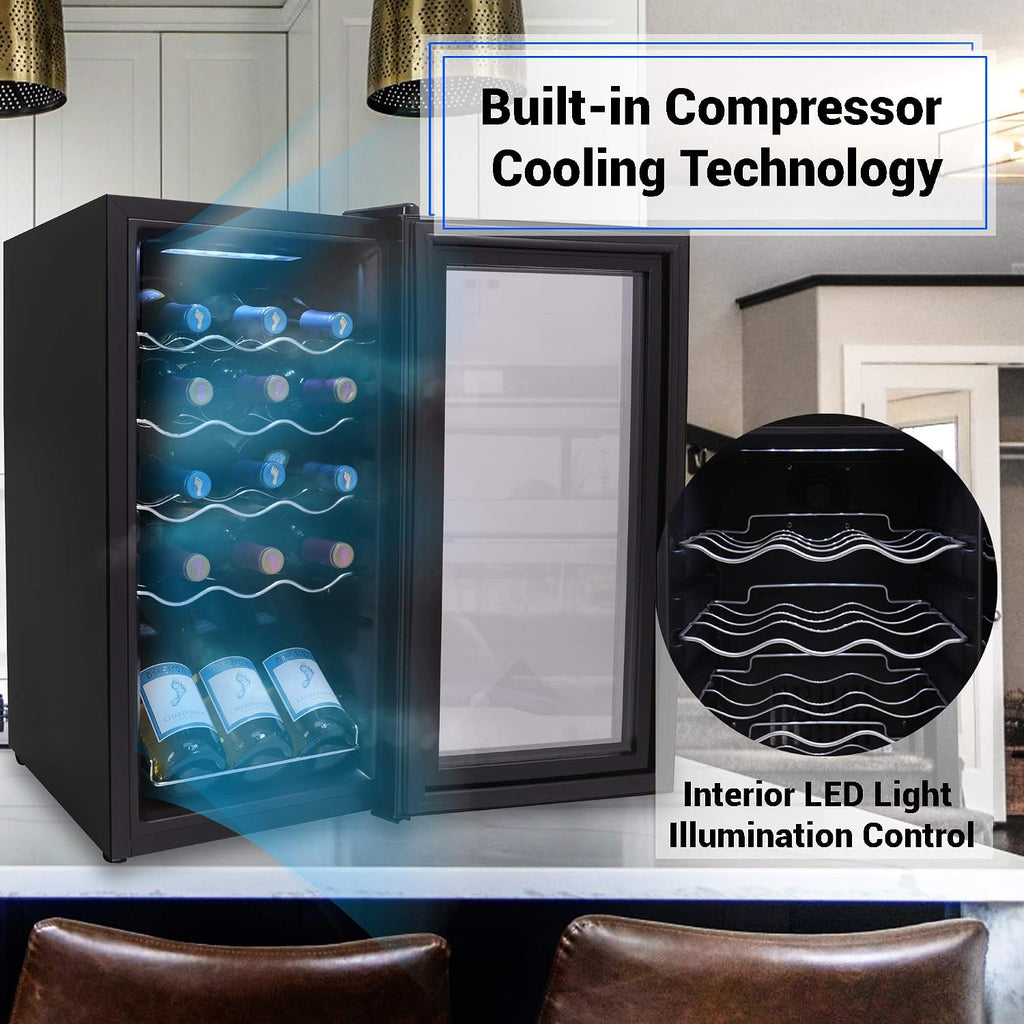NutriChef Compressor Refrigerator White & Red Chiller Countertop Cooler-Freestanding Compact Mini Wine 15 Bottle Capacity, Digital, Glass Door, Black, Quiet Operation Fridge Touch Temperature Control