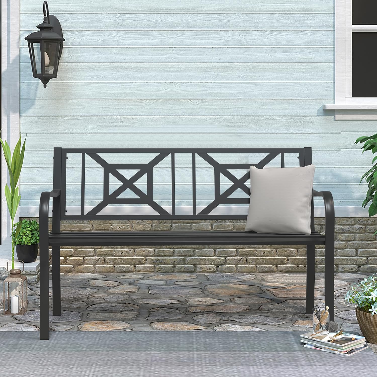 Black Outdoor Bench, Metal Weatherproof Garden Bench Cast Iron Heavy-Duty Patio Bench with Decorative Backrest for Proch Park 880lb Capacity
