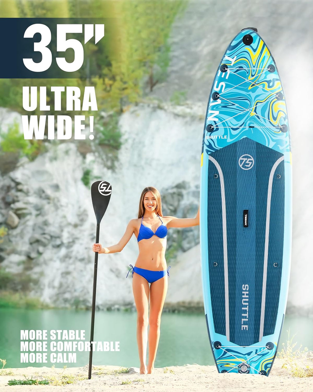 11'6x35'' Extra Wide Inflatable Paddle Board,All-Round Ultra Stable Stand Up Paddleboards with Plus Kits for 450lb,Dual Bungees, Camera Mount, 100L Backpack, Dual-Action Pump