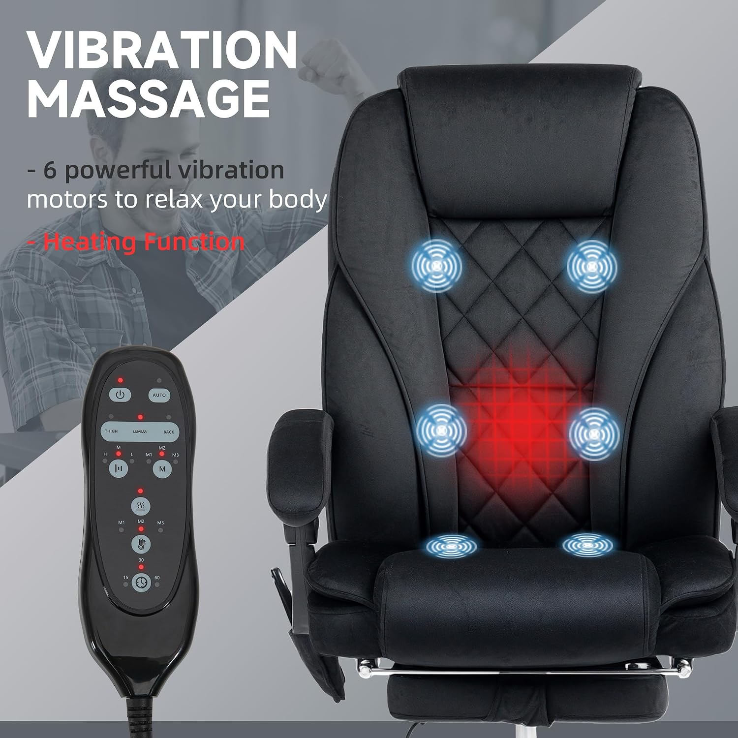 Vinsetto Massage Office Chair with Foot Rest, Executive Computer Desk Chair with 6 Vibration Point and Heat, Reclining Backrest, Swivel Wheels, Adjustable Height, Black