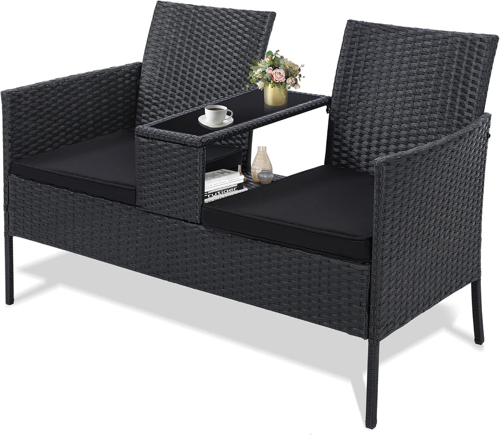 Kromax Wicker 2 Seat Patio Loveseat, Outdoor Rattan Loveseat with Table, Washable Cushion Covers, Backyard, Garden, Lawn, Black Rattan with Black Cushion