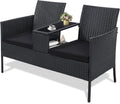 Kromax Wicker 2 Seat Patio Loveseat, Outdoor Rattan Loveseat with Table, Washable Cushion Covers, Backyard, Garden, Lawn, Black Rattan with Black Cushion