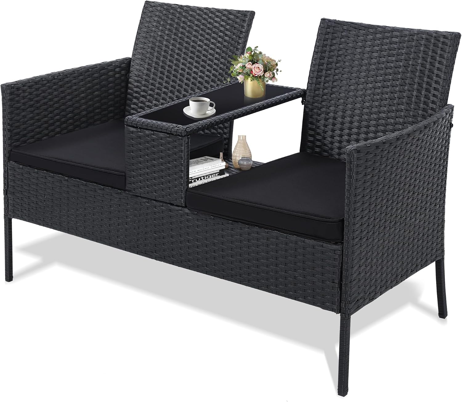 Kromax Wicker 2 Seat Patio Loveseat, Outdoor Rattan Loveseat with Table, Washable Cushion Covers, Backyard, Garden, Lawn, Black Rattan with Black Cushion