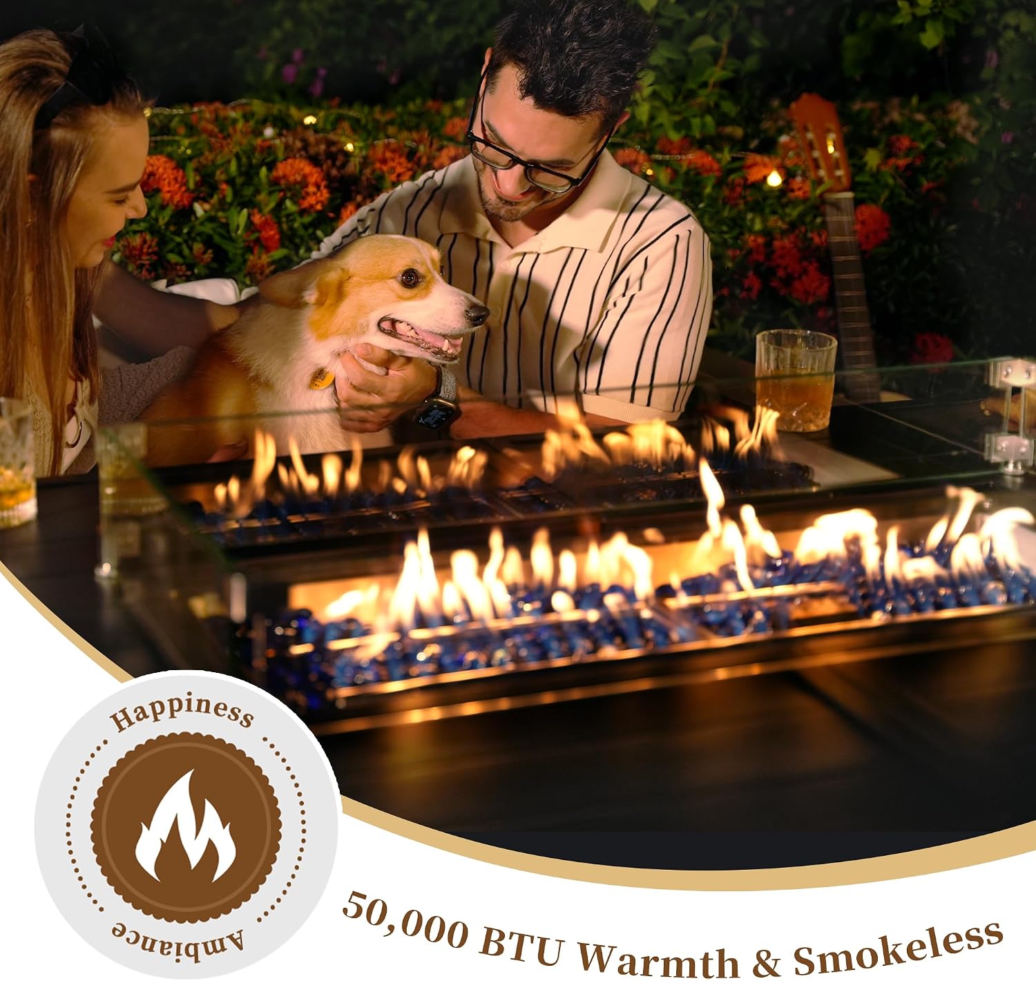 PIZZELLO 5-Pieces Patio Furniture Set w/ 60' Firepit Table and 4Pcs Patio Chairs, 50,000 BTU Aluminum Gas Fire Table and Stackable Dining Chairs, Outdoor Conversation Dining Set for Backyard