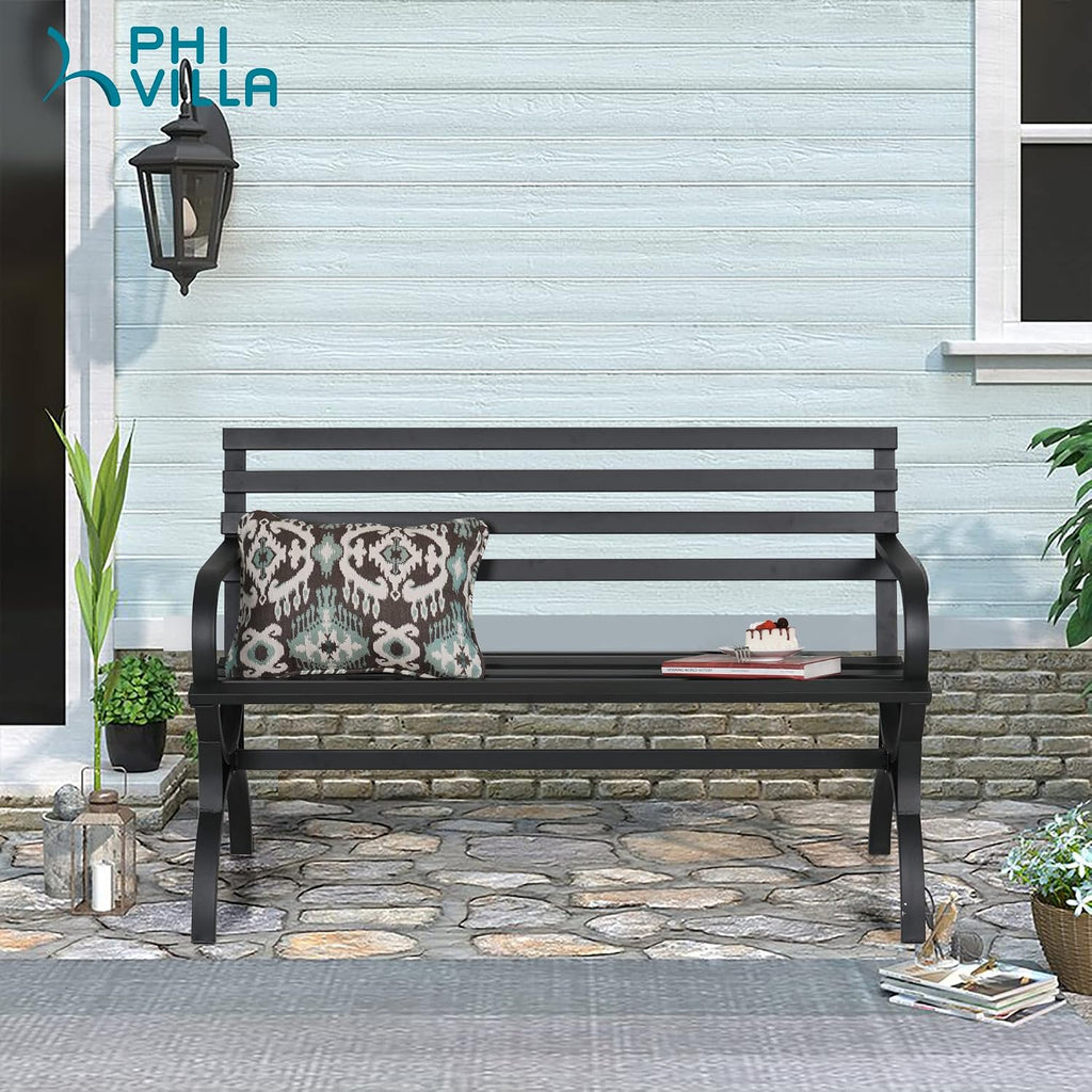 PHI VILLA Outdoor Garden Bench, 48' Long Metal Steel Bench with Backrest and Armrests, Modern Slatted Design for Patio, Lawn, Yard, Porch - Black