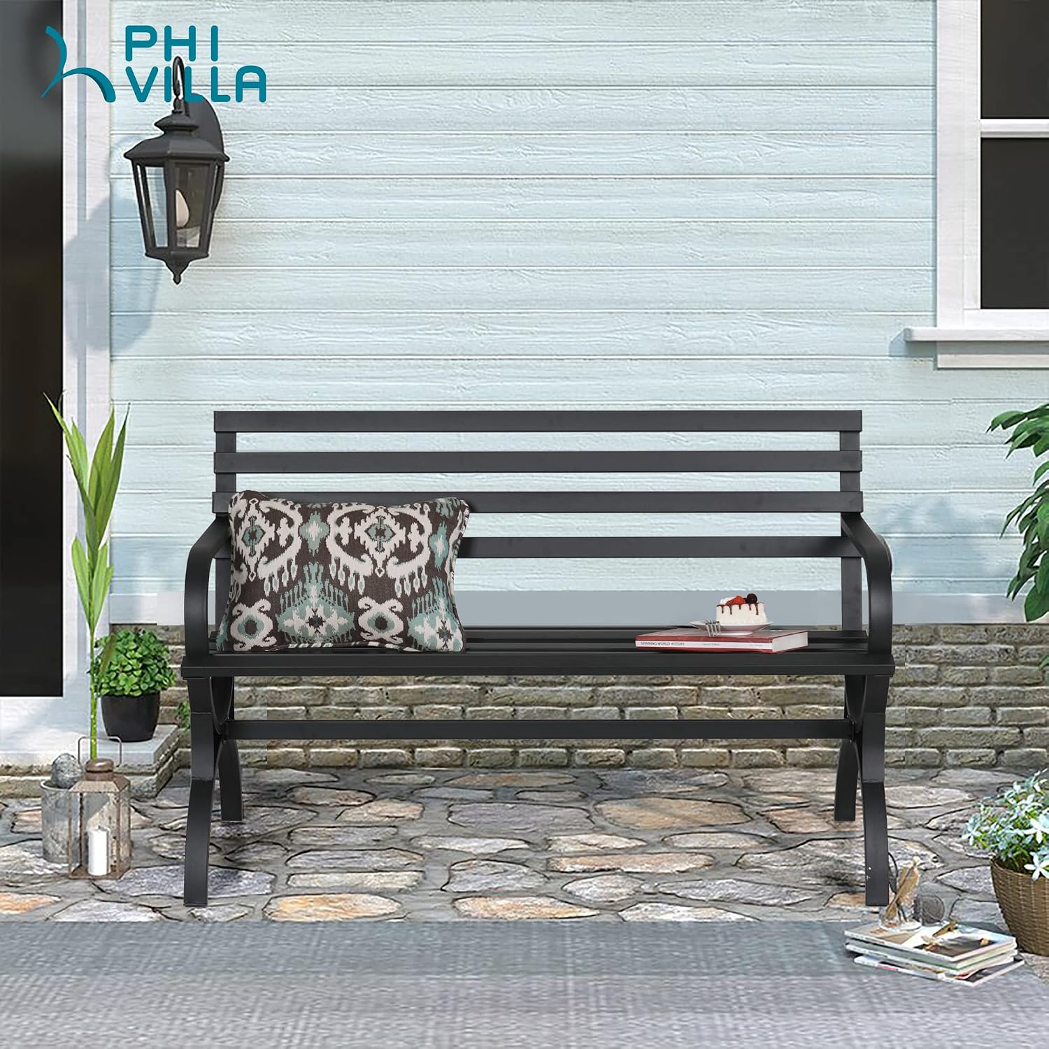 PHI VILLA Outdoor Garden Bench, 48' Long Metal Steel Bench with Backrest and Armrests, Modern Slatted Design for Patio, Lawn, Yard, Porch - Black