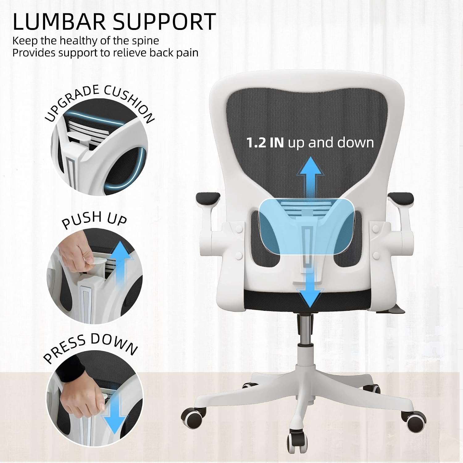 Monhey Office Chair - Ergonomic Office Chair with Lumbar Support & Flip Up Arms Home Office Desk Chairs Rockable High Back Swivel Computer Chair White Frame & Black Mesh Study Chair