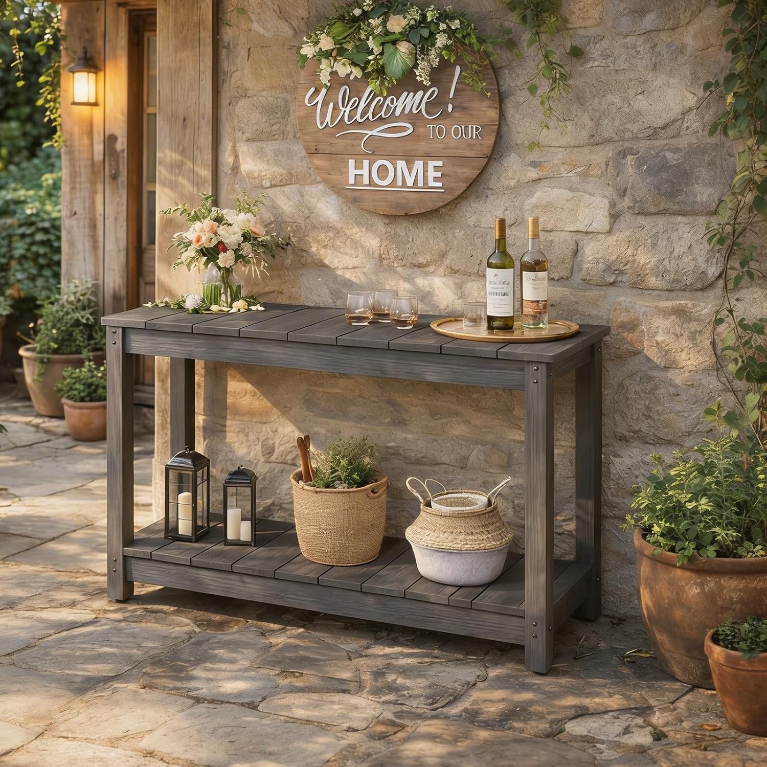 Stoog All-Weather Console Table, 2-Tier Patio Console Table Outdoor with Storage, Low Maintenance, and Never Fade or Rot, Grey