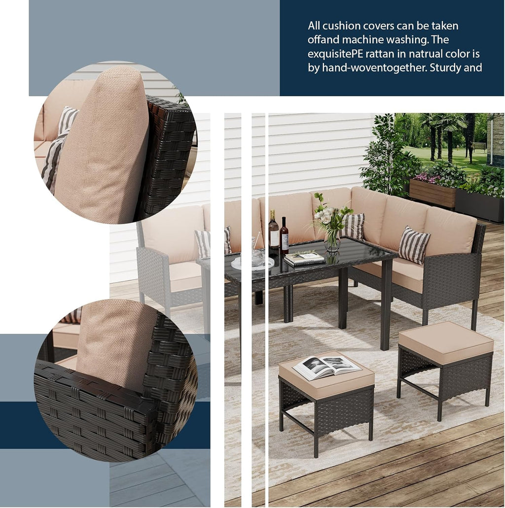 7-Piece Outdoor Patio Furniture Set, Wicker Sectional Sofa with Seat & Back Cushions & 3 Pillows, All-Weather Conversation Set with Long Glass Coffee Table for Garden, Porch, Lawn, Khaki