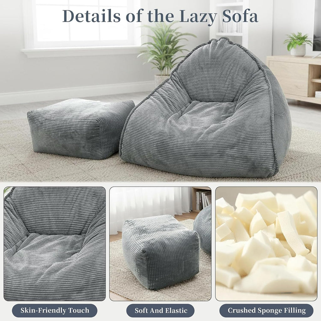 Ultra Soft Bean Bag Chair for Adults with Ottoman, Oversized Floor Sofa for Living Room, Gaming, Lounging, Napping (Gray)