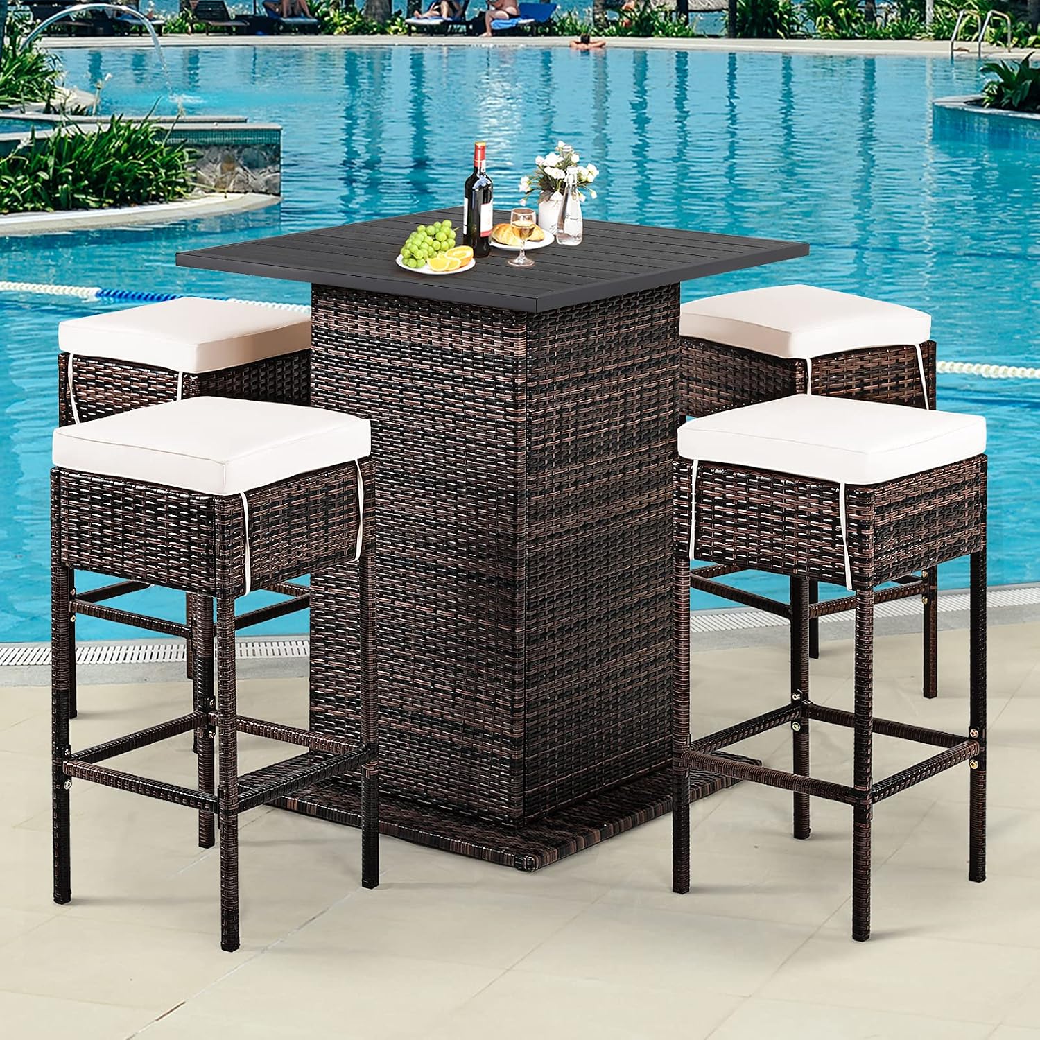 Tangkula 5 Piece Outdoor Rattan Bar Set, Patio Bar Furniture with 4 Cushions Stools and Smooth Top Table with Hidden Storage Shelf, Outdoor Conversation Set for Poolside, Backyard, Lawn