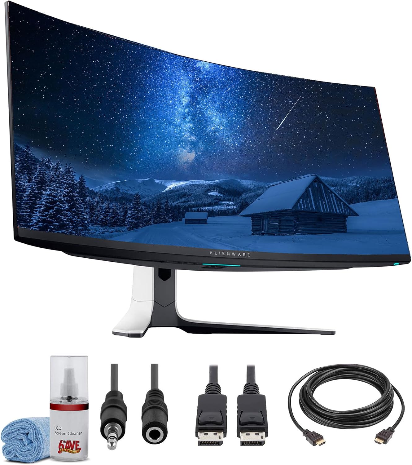 Dell Alienware AW3423DW 34.2″ QD-OLED 1440p HDR 175Hz Curved Gaming Monitor (Lunar Light) | G-SYNC Ultimate UltraWide Display + DisplayPort Cable + Headphone Extender + HDMI Cable + Cleaning Kit