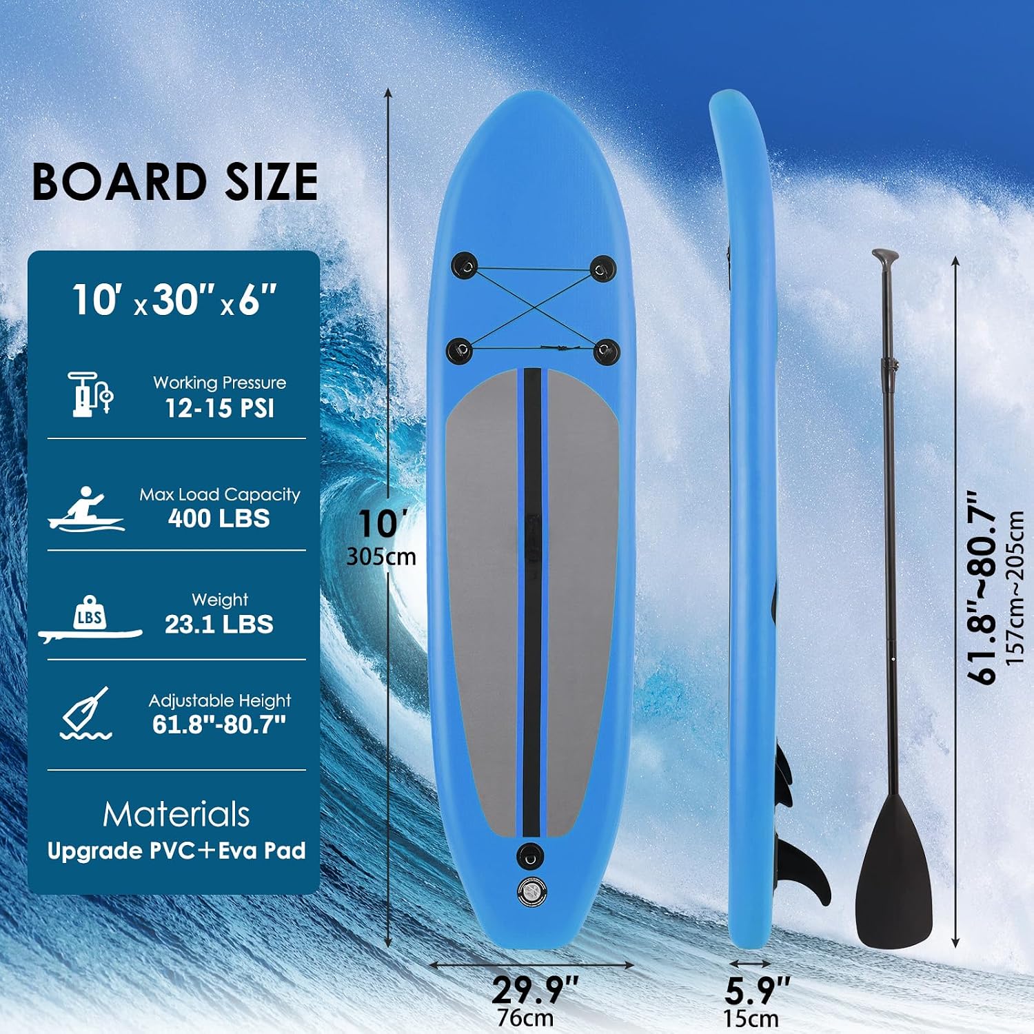 TLSUNNY 10FT Inflatable Stand Up Paddle Board, 3 Fins Paddleboard with Full SUP Accessories for All Skill Levels, Portable Two-Way Hand Pump and Carry Bag, 400LBS