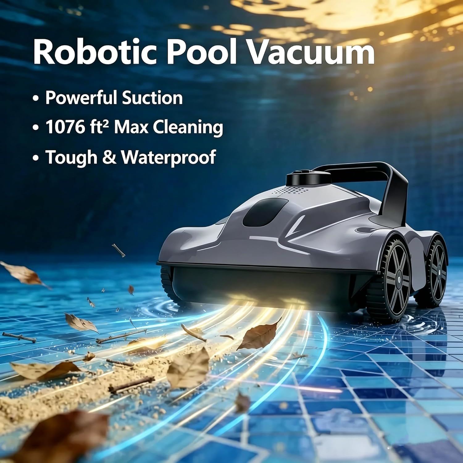 Robotic Pool Vacuum for Above & In-Ground Pools, Smart Cleaning Route, Deep Cleaning Performance, 130-Min Runtime, 3L Sealed Tank, Quiet Operation, Fits Pool up to 1076 sq.ft