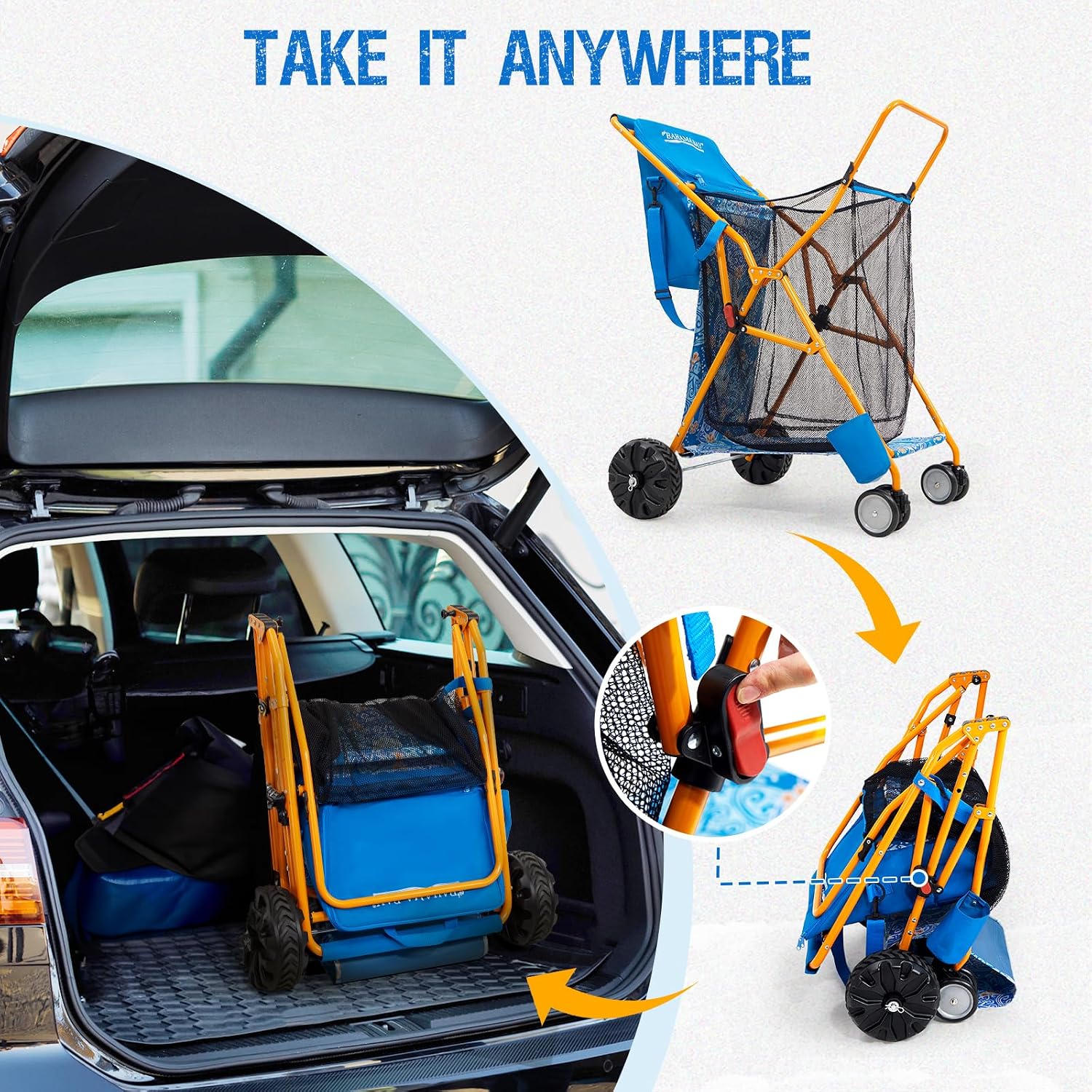 Old Bahama Bay Heavy-Duty Beach Cart with 100 lbs Capacity - Foldable Beach Wagon with Removable 20L Cooler Bag, Sand Chair Holder, Umbrella Stand & Large Mesh Basket for Beach, Camping, Picnic