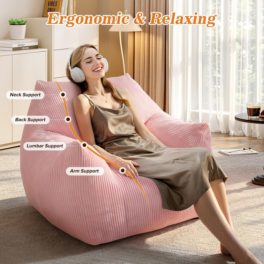 Big Bean Bag Chair for Adults, Ultra Soft Living Room Bean Bag with Armrests & Ottoman, Stuffed BeanBag Chair for Napping, Gaming, Vacuum-Compressed for Easy Gifting, 48h to Expand, Pink