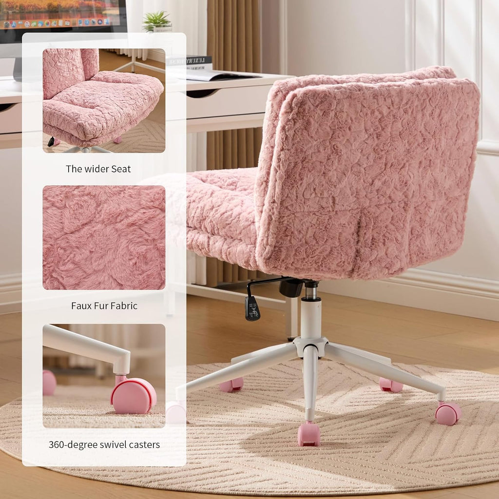 Shenyon Criss Cross Chair with Wheels, Wide Cross Legged Office Chair with 2 Layer Cushions & Back, Adjustable Swivel Home Office Chair, Comfy Faux Fur Makeup Vanity Chair for Girls Women, Pink
