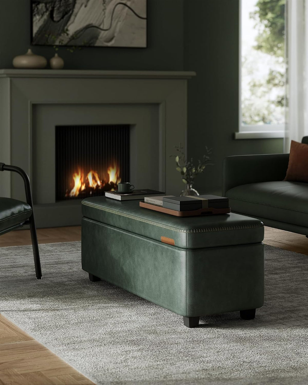 VASAGLE EKHO Collection - Storage Ottoman Bench, Entryway Bedroom Bench, 25 Gallons, Synthetic Leather with Stitching, Mid-Century Modern, Safety Hinges, Loads 660 lb, Forest Green ULOM075C01