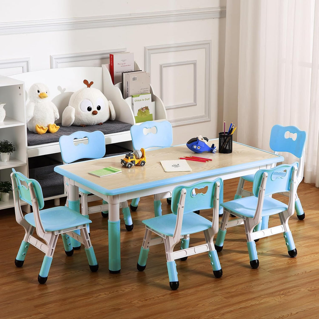 Kids Table and Chair Set, Height Adjustable Toddler Arts & Crafts Table and 6 Chair Set for Ages 2-10,Max 300lbs Kids Activity Art Table for Classroom Daycares,Home