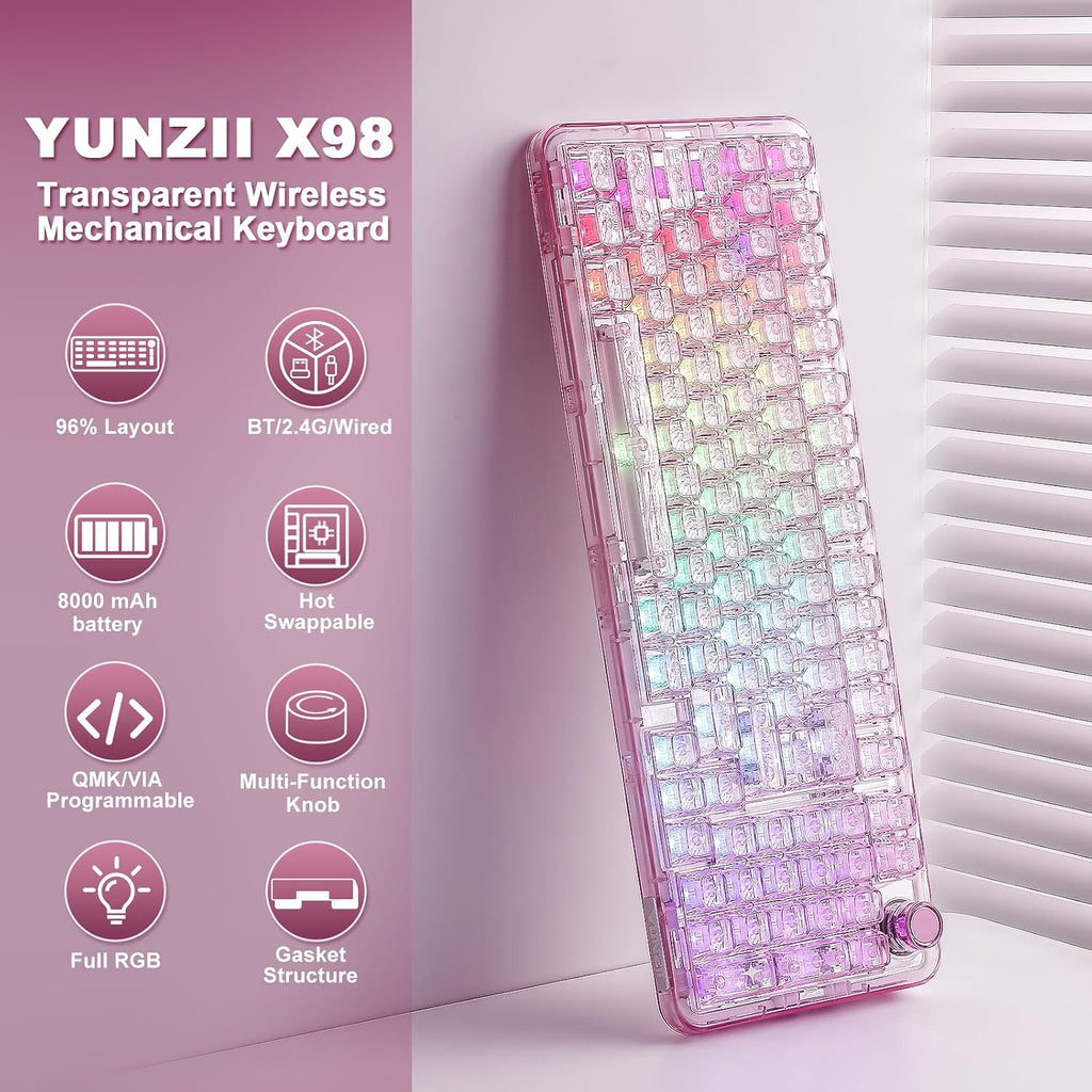 YUNZII X98 QMK/VIA Wireless Mechanical Gaming Keyboard with Knob,Tri-Mode BT5.0/USB-C/2.4GHz Hot Swappable Keyboard,Pre-lubed Switches Gasket Mount RGB Backlit for Wins/Mac (Pink, Crystal Switch)